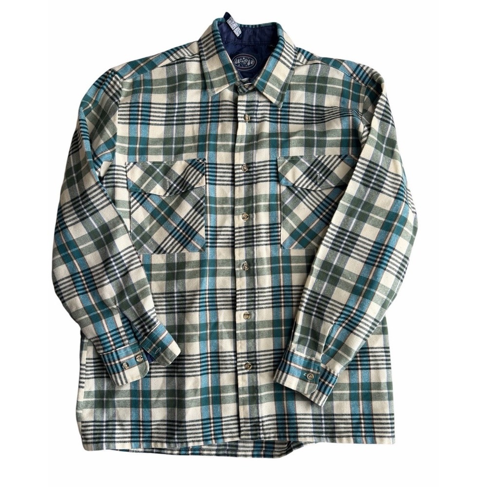 Vintage Alpine Trail Flannel Shirt Men's Medium Plaid Button‎ Up Blue Green USA